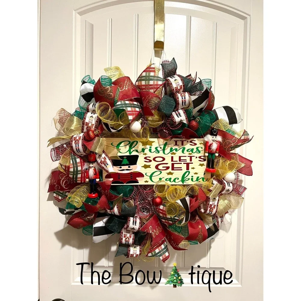 Christmas Nutcracker Holiday Ribbon Door Wreath Handmade 22 ins LED W4